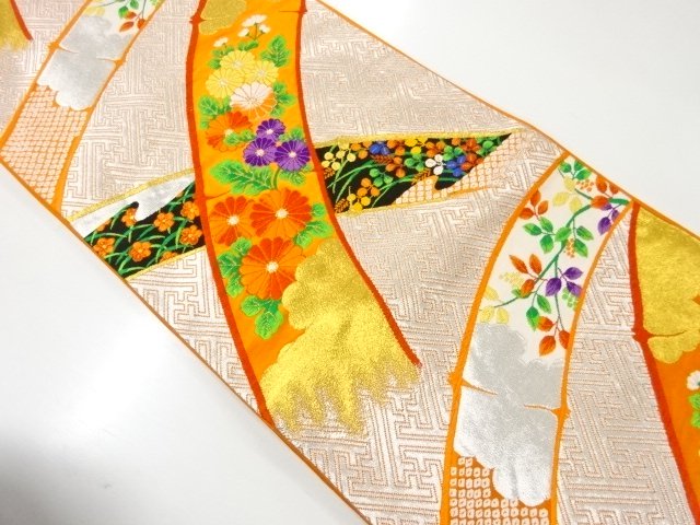 JAPANESE KIMONO / AUTUMN GRASSES PATTERN WOVEN FUKURO OBI